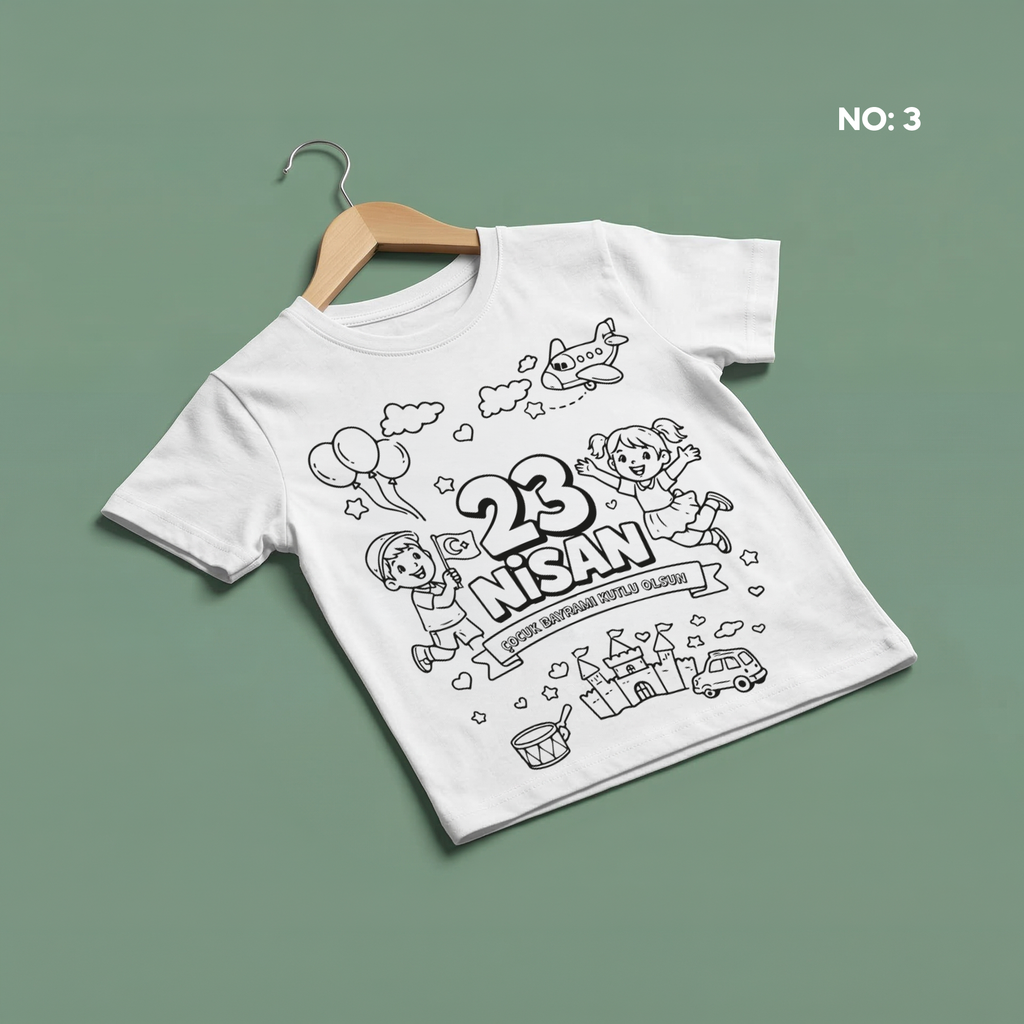 Boyanabilir 23 Nisan Tişört - NO: 3 - Cocuk Bayrami Kutlu Olsun